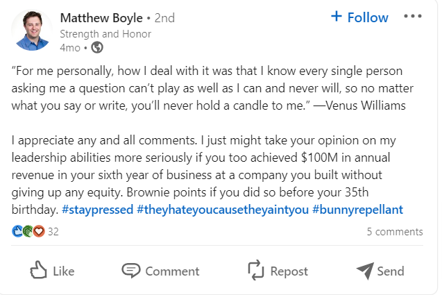 Matthew Boyle LinkedIn Management Bunny post