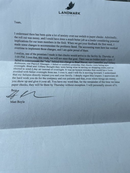 Matt Boyle's letter about the delayed checks